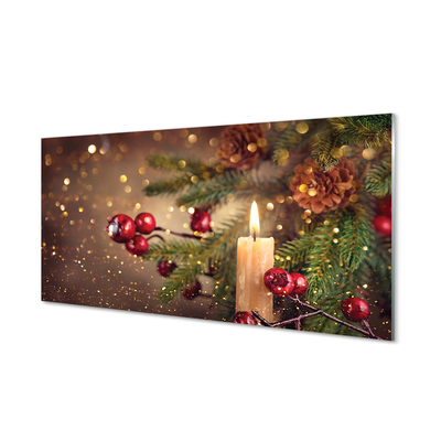 Quadro de vidro Vela, galhos, enfeites, pinhas