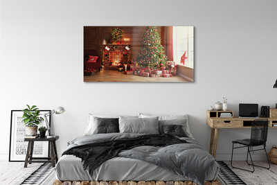 Quadro de vidro Lareira, árvore de Natal, presentes, luzes
