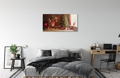 Quadro de vidro Lareira, árvore de Natal, presentes, luzes
