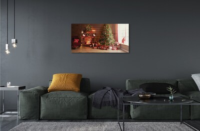 Quadro de vidro Lareira, árvore de Natal, presentes, luzes