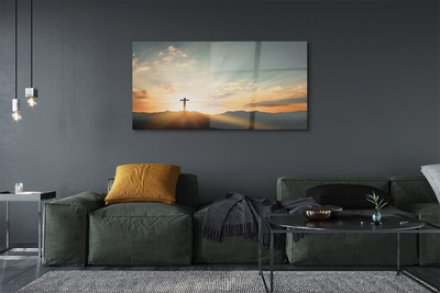 Quadro de vidro Cruz, sol, montanhas