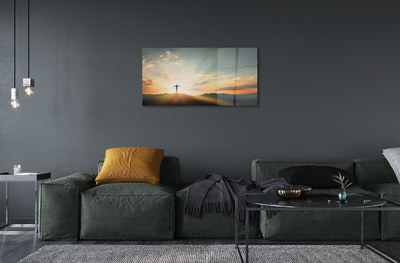 Quadro de vidro Cruz, sol, montanhas