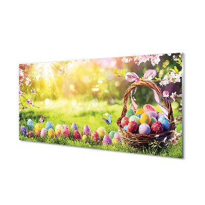 Pintura em vidro cesta de ovos, flores, prado