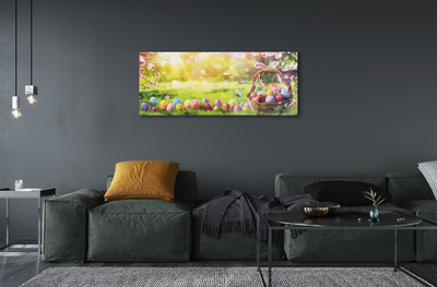 Pintura em vidro cesta de ovos, flores, prado