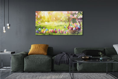 Pintura em vidro cesta de ovos, flores, prado