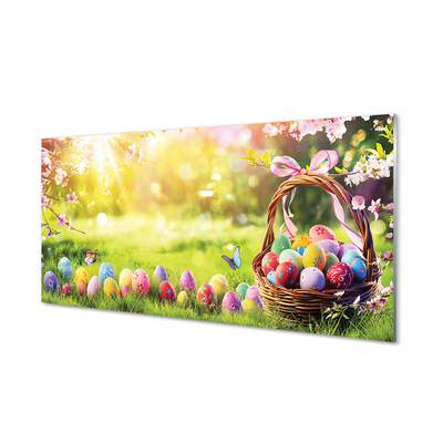 Pintura em vidro cesta de ovos, flores, prado