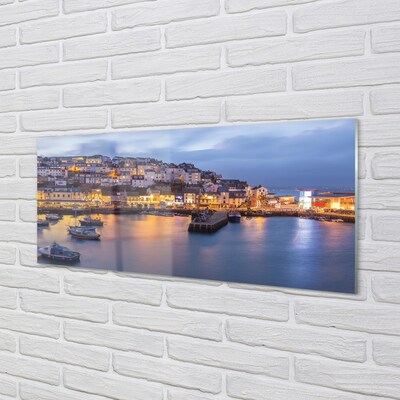 Pintura em vidro Cidade à noite mar navio