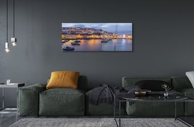 Pintura em vidro Cidade à noite mar navio