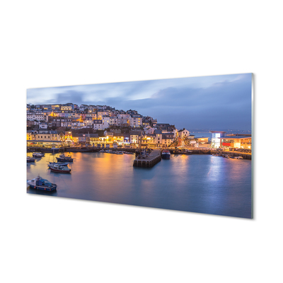 Pintura em vidro Cidade à noite mar navio