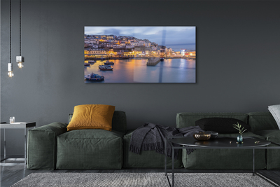 Pintura em vidro Cidade à noite mar navio