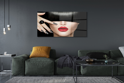 Quadro de vidro Mulher bate os lábios vermelhos