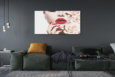 Quadro de vidro Mulher rosas lábios vermelhos