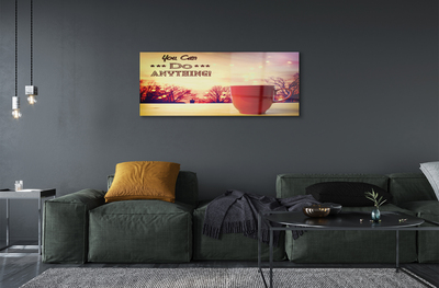 Pintura em vidro Inscrição na caneca vermelha de outono