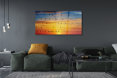 Quadro de vidro Pássaros em cordas ao pôr do sol