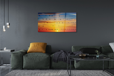 Quadro de vidro Pássaros em cordas ao pôr do sol