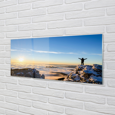 Pintura em vidro Montanhas homem nuvens nascer do sol