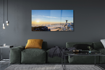 Pintura em vidro Montanhas homem nuvens nascer do sol