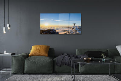 Pintura em vidro Montanhas homem nuvens nascer do sol