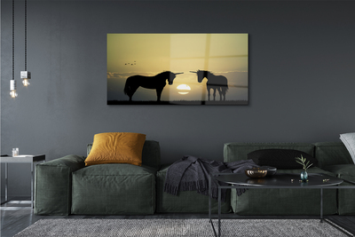 Pintura em vidro Unicórnios do pôr do sol no campo