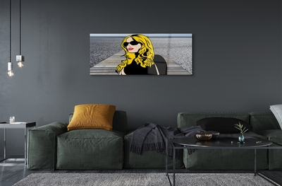 Quadro de vidro Mulher óculos pretos lábios vermelhos