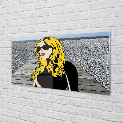 Quadro de vidro Mulher óculos pretos lábios vermelhos