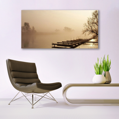 Quadro de vidro Paisagem de água e neblina da ponte