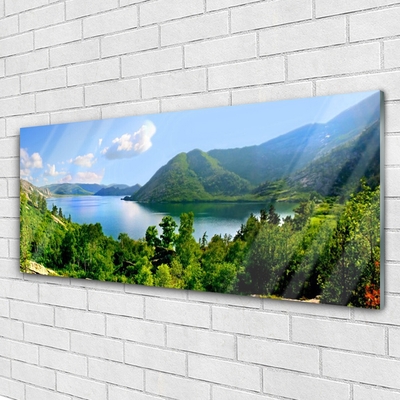 Pintura em vidro Paisagem de montanhas, lago e floresta