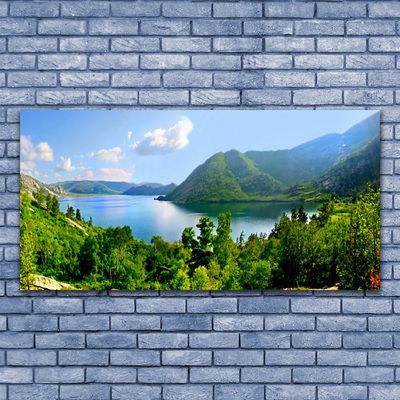 Pintura em vidro Paisagem de montanhas, lago e floresta
