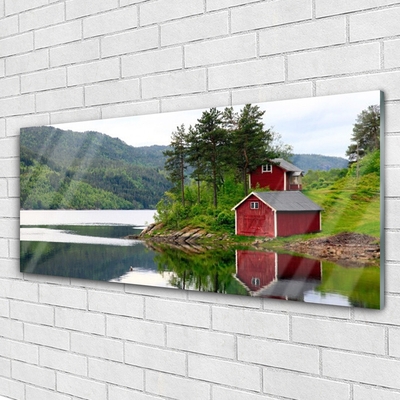Quadro de vidro Montanhas Casa Lago Paisagem