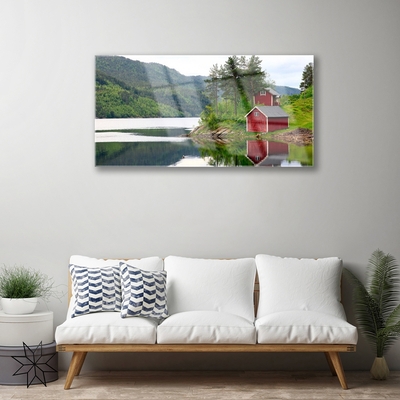 Quadro de vidro Montanhas Casa Lago Paisagem