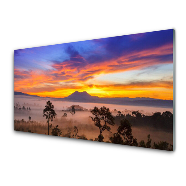 Pintura em vidro Paisagem de árvores e neblina