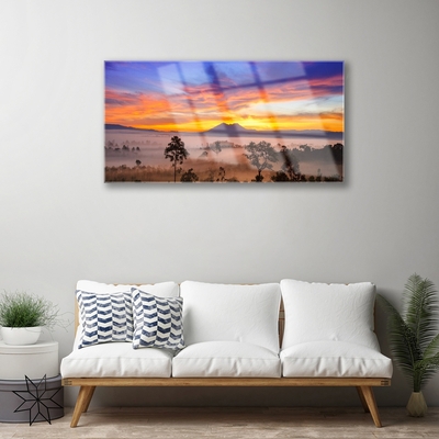 Pintura em vidro Paisagem de árvores e neblina