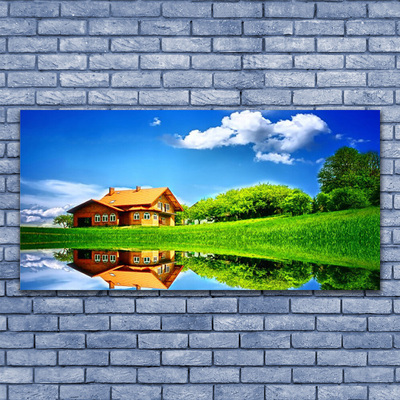 Quadro de vidro Casa Lago Grama Natureza