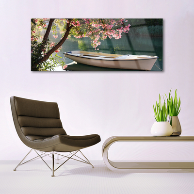 Pintura em vidro Paisagem de barco e árvore