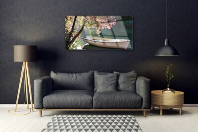 Pintura em vidro Paisagem de barco e árvore