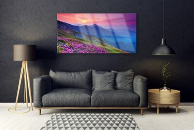 Pintura em vidro Montanhas Prado Flores Paisagem