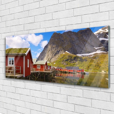 Quadro de vidro Casas Lago Montanhas Paisagem