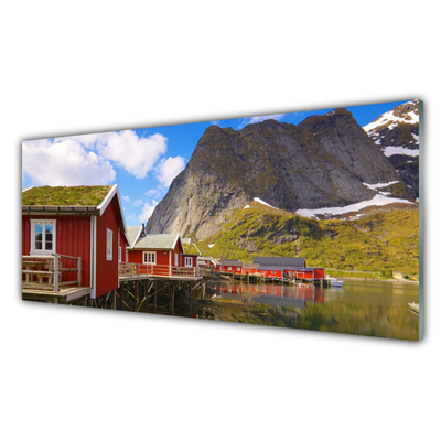 Quadro de vidro Casas Lago Montanhas Paisagem