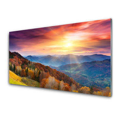 Quadro de vidro Paisagem de montanha, floresta e sol