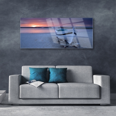 Pintura em vidro Paisagem de sol na praia de barco