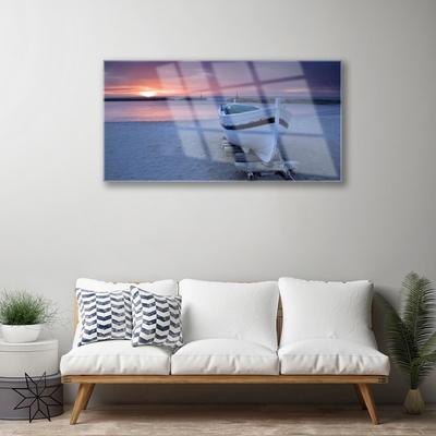 Pintura em vidro Paisagem de sol na praia de barco