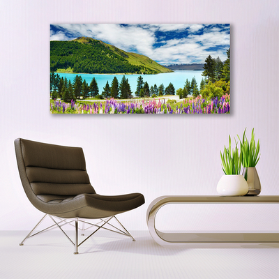 Quadro de vidro Paisagem de lago, floresta e montanha