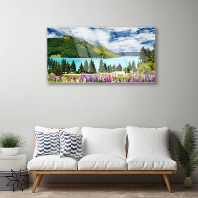 Quadro de vidro Paisagem de lago, floresta e montanha