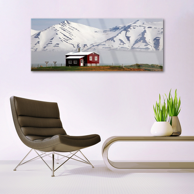 Quadro de vidro Paisagem de casa de montanha com neve