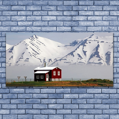 Quadro de vidro Paisagem de casa de montanha com neve