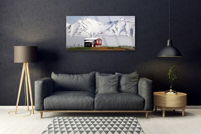 Quadro de vidro Paisagem de casa de montanha com neve