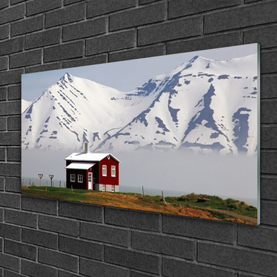 Quadro de vidro Paisagem de casa de montanha com neve