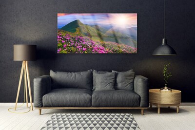 Pintura em vidro Montanhas Prado Flores Paisagem