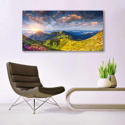 Quadro de vidro Paisagem de prados de sol e montanhas