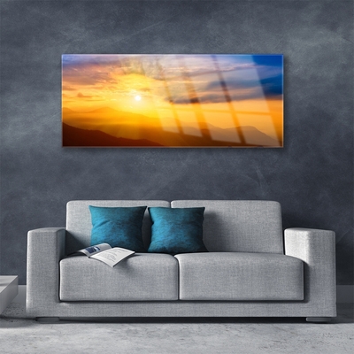 Pintura em vidro Montanha Sol Nuvens Paisagem
